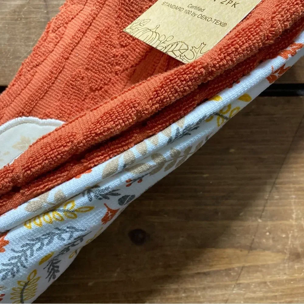 NWT Kitchen Towels Set of 2 Thanksgiving Fall Home Decor Orange White